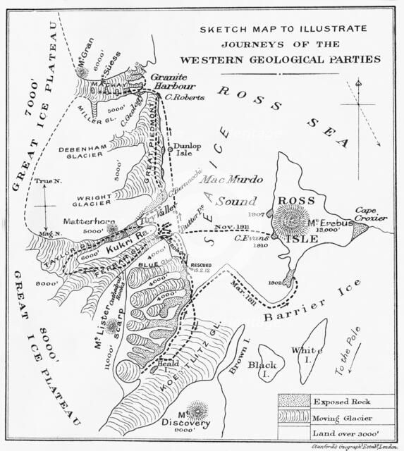 'Sketch Map to Illustrate Journeys of the Western Geological Parties', 1913. Artist: Unknown.