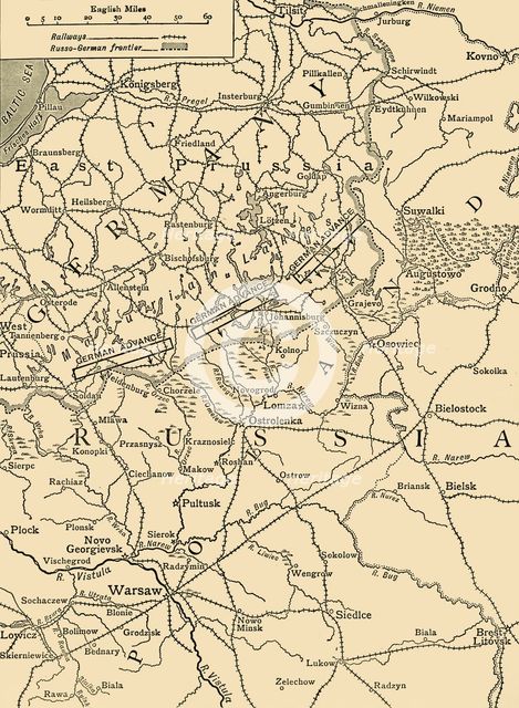 'Sketch Map to Illustrate the German Attack north of Warsaw in February, 1915', (c1920). Creator: Unknown.
