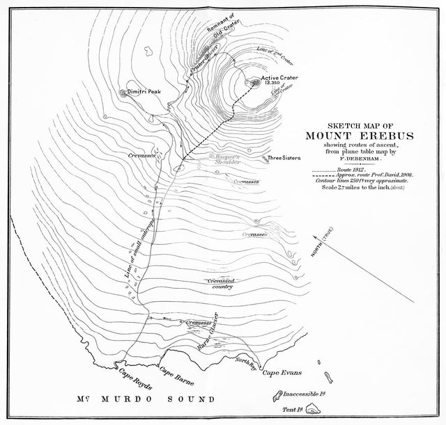'Sketch Map of Mount Erebus showing routes of ascent', c1912, (1913). Artist: Unknown.