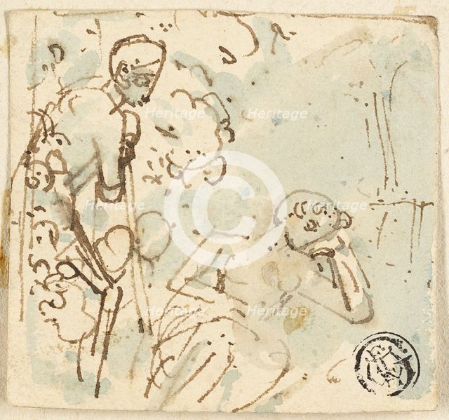 Sketch of Man Leaning on Staff, Looking at Sleeping Woman, n.d. Creator: Thomas Stothard.