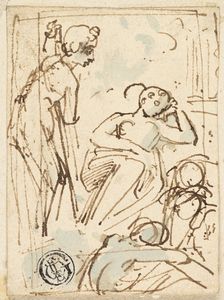 Sketch of Man Leaning on Staff, Looking at Sleeping Woman, n.d. Creator: Thomas Stothard