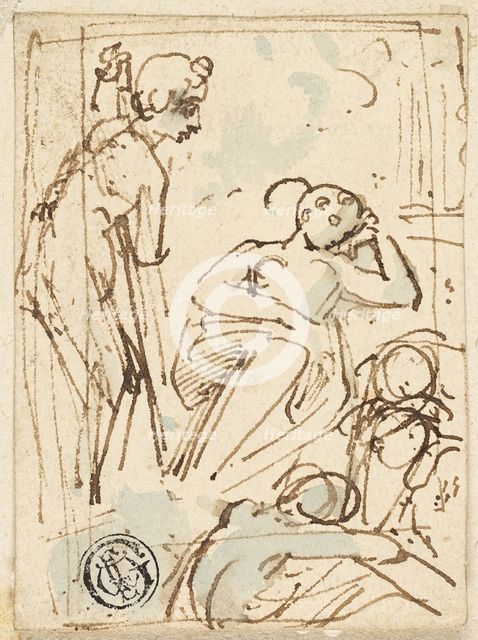 Sketch of Man Leaning on Staff, Looking at Sleeping Woman, n.d. Creator: Thomas Stothard.