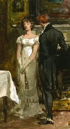 Sketch of a couple standing next to a mantelpiece in an interior; Lady and Gentleman, c1870s.. Creator: Frank Dicksee
