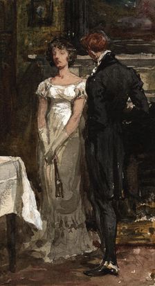 Sketch of a couple standing next to a mantelpiece in an interior; Lady and Gentleman, c1870s.. Creator: Frank Dicksee