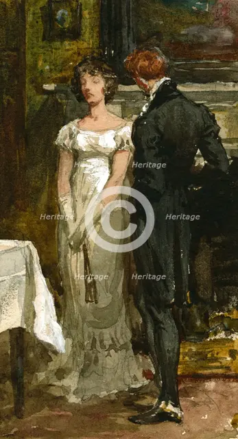 Sketch of a couple standing next to a mantelpiece in an interior; Lady and Gentleman, c1870s.. Creator: Frank Dicksee.
