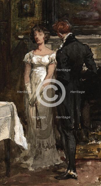 Sketch of a couple standing next to a mantelpiece in an interior; Lady and Gentleman, c1870s.. Creator: Frank Dicksee.