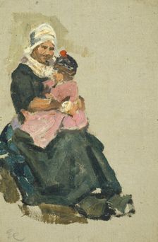 Sketch of a seated Dutch woman holding a child on her knee, (Volendam), mid-late 1870s. Creator: George Clausen