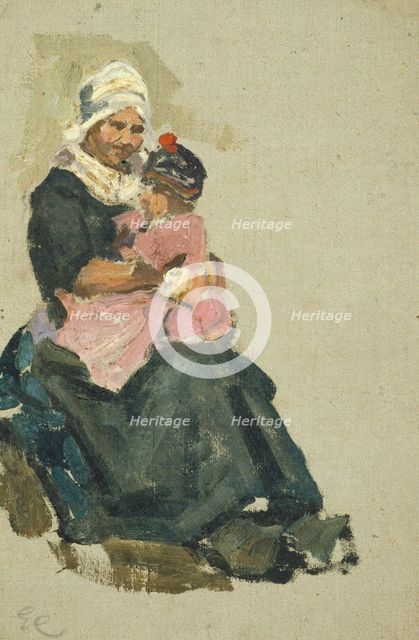 Sketch of a seated Dutch woman holding a child on her knee, (Volendam), mid-late 1870s. Creator: George Clausen.