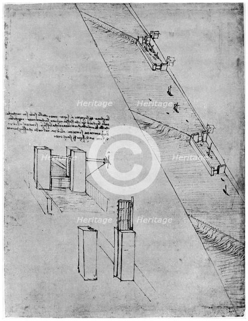 Sketch of a sluice, late 15th or early 16th century (1954).Artist: Leonardo da Vinci