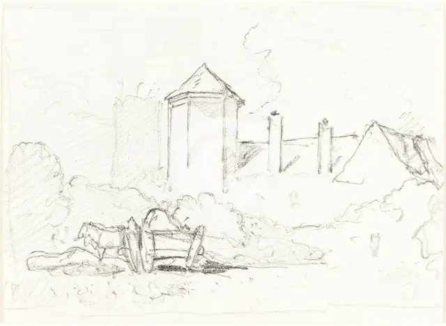 Sketch of Buildings with Cart and Horses in Foreground. Creator: John Sell Cotman.