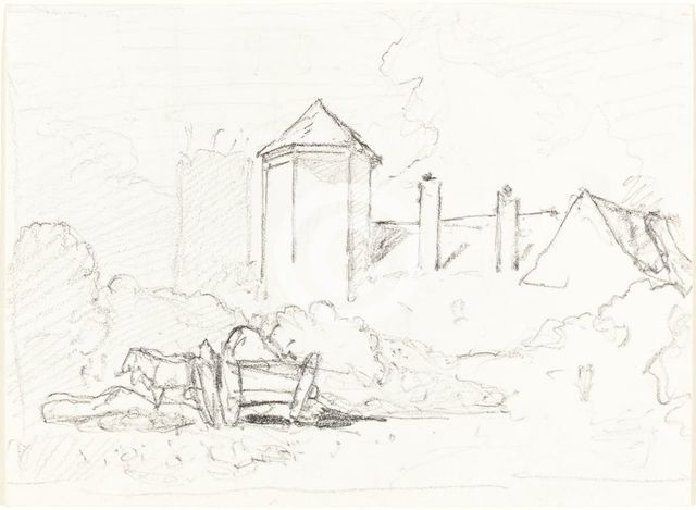 Sketch of Buildings with Cart and Horses in Foreground. Creator: John Sell Cotman.