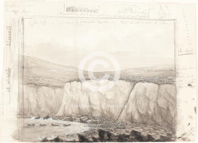 Sketch of Boats near a Cliff, mid 19th century. Creator: Unknown.