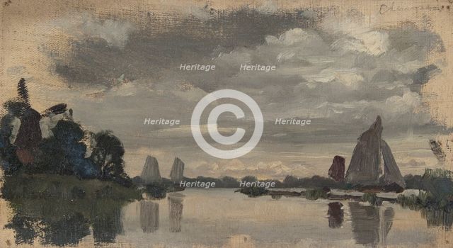 Sketch of boats on a Dutch river with windmill, mid-late 1870s. Creator: George Clausen.