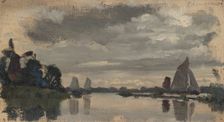 Sketch of boats on a Dutch river with windmill, mid-late 1870s. Creator: George Clausen