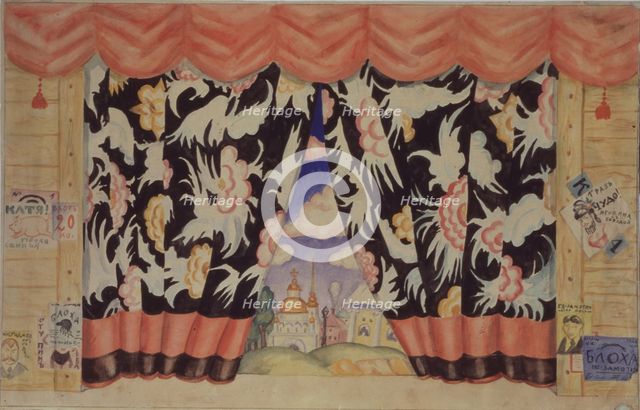 Sketch of curtain for the theatre play The flea by E. Zamyatin, 1925-1926. Artist: Kustodiev, Boris Michaylovich (1878-1927)