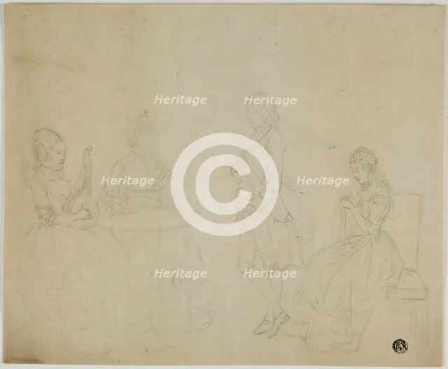 Sketch of Family Group with Three Seated Women and Young Man Standing, 18th century. Creators: Unknown, Friedrich Tischbein.