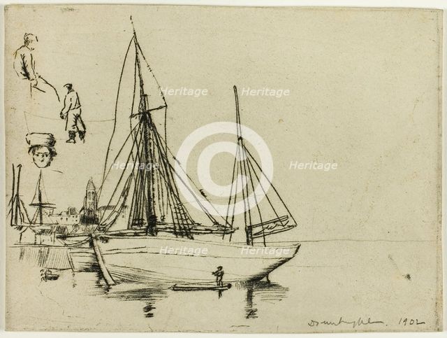 Sketch of Fishing Boats and Sailors, 1902. Creator: Donald Shaw MacLaughlan.