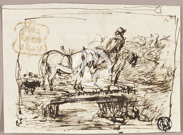 Sketch of Horses Crossing Bridge, c.1847. Creator: John Burnet.