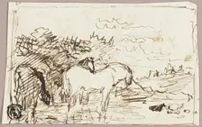 Sketch of Horses Standing in Water, c.1847. Creator: John Burnet