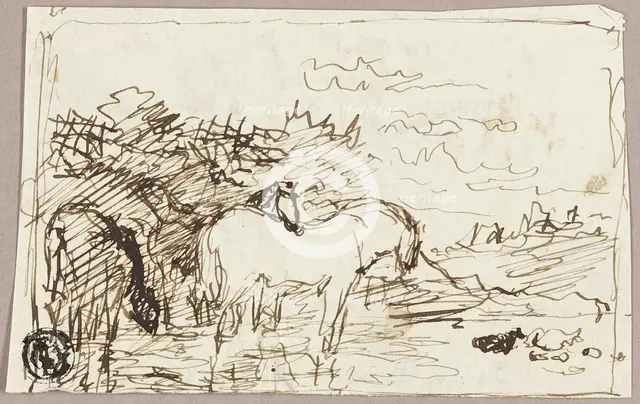 Sketch of Horses Standing in Water, c.1847. Creator: John Burnet.