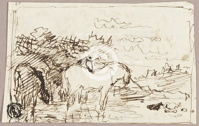 Sketch of Horses Standing in Water, c.1847. Creator: John Burnet.