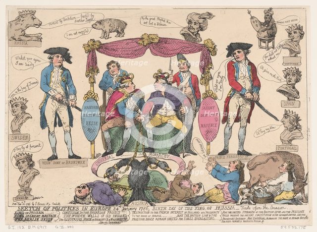 Sketch of Politiks in Europe, Birthday of the King of Prussia, February 10, 1786., February 10, 1786 Creator: Thomas Rowlandson.