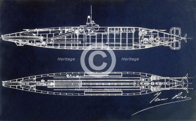 Sketch of the submarine designed by Isaac Peral Caballero (1851-1895), engraving, 1889.