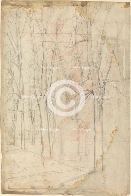 Sketch of Trees with a Statue on a Pedestal. Creator: Felix Hilaire Buhot.