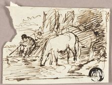 Sketch of Watering Horses and Fisherman, c.1847. Creator: John Burnet