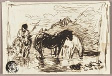 Sketch of Watering Horses, c.1847. Creator: John Burnet