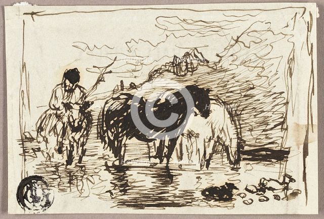 Sketch of Watering Horses, c.1847. Creator: John Burnet.