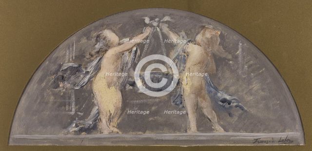 Sketch for the dining room of the Hotel de Ville, two children lifting a large box together, 1893. Creator: Francois Lafon.