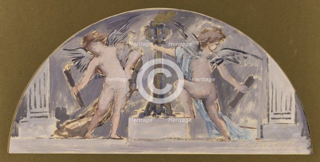 Sketch for the dining room of the Hotel de Ville, two Cupids lighting a flare, 1893. Creator: Francois Lafon.