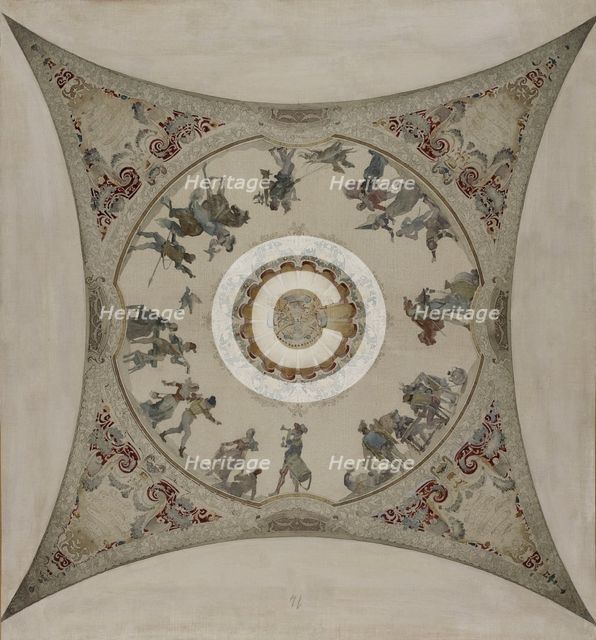 Sketch for the Lobau gallery at the Hotel de Ville in Paris: Medieval scenes: hunting..., 1890. Creator: Hector d' Espouy.