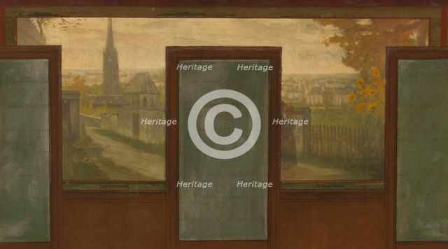 Sketch for the town hall of Vanves: Views of Vanves. Tram. Place de Vanves. Castle path..., 1902. Creator: Jean Joseph Enders.