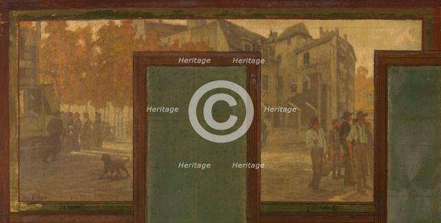 Sketch for the town hall of Vanves: Views of Vanves. Tram. Place de Vanves. Castle path..., 1902. Creator: Jean Joseph Enders.