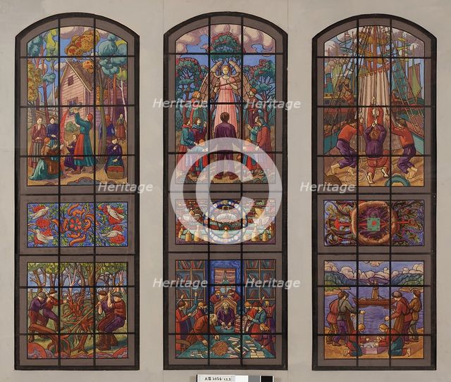 Sketch for S.O.K.'s stained glass, 1930. Creator: Juho Rissanen.