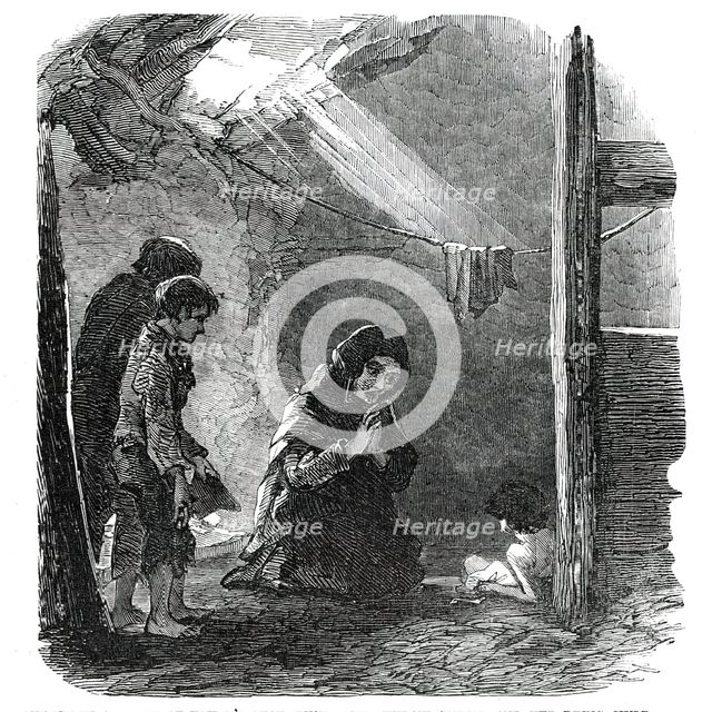 Sketch in a House at Fahey's Quay, Ennis - the Widow Connor and her Dying Child, 1850. Creator: Unknown.