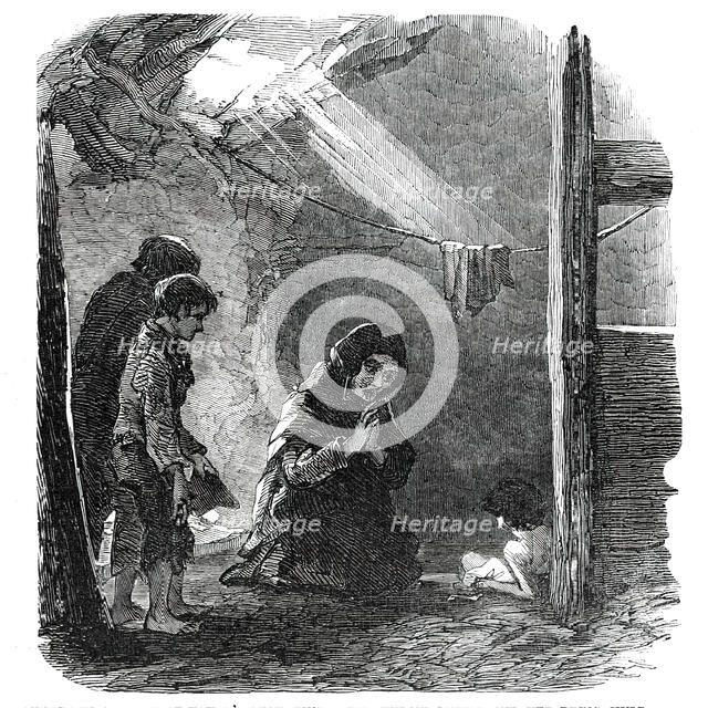 Sketch in a House at Fahey's Quay, Ennis - the Widow Connor and her Dying Child, 1850. Creator: Unknown.