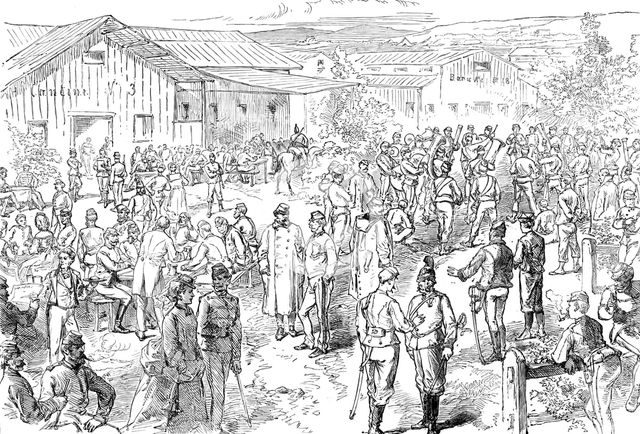 Sketch in the Austrian camp at Bruck: evening amusements, 1871. Creator: Unknown.