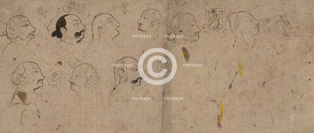 Sketch Page of Facial Studies, likely Maharao Kishor Singh, ca. 1830. Creator: Unknown.