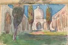 Sketchbook No. 2 - Landscape study - Moorish arcaded courtyard with cypresses..., 1893. Creator: Jan Stanislawski