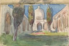 Sketchbook No. 2 - Landscape study - Moorish arcaded courtyard with cypresses..., 1893. Creator: Jan Stanislawski