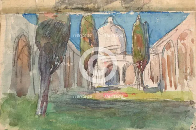 Sketchbook No. 2 - Landscape study - Moorish arcaded courtyard with cypresses..., 1893. Creator: Jan Stanislawski.