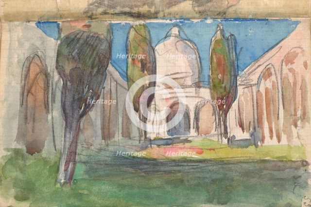 Sketchbook No. 2 - Landscape study - Moorish arcaded courtyard with cypresses..., 1893. Creator: Jan Stanislawski.