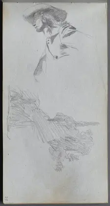Sketchbook, page 27: Detail Study for " On a Terrace" and Landscape Study. Creator: Ernest Meissonier (French, 1815-1891)