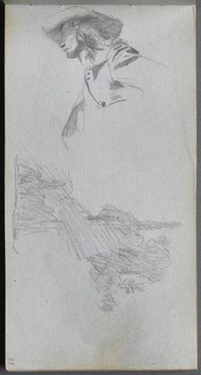 Sketchbook, page 27: Detail Study for " On a Terrace" and Landscape Study. Creator: Ernest Meissonier (French, 1815-1891)