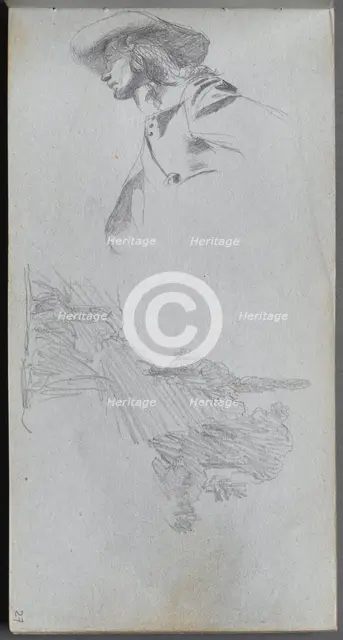 Sketchbook, page 27: Detail Study for " On a Terrace" and Landscape Study. Creator: Ernest Meissonier (French, 1815-1891).