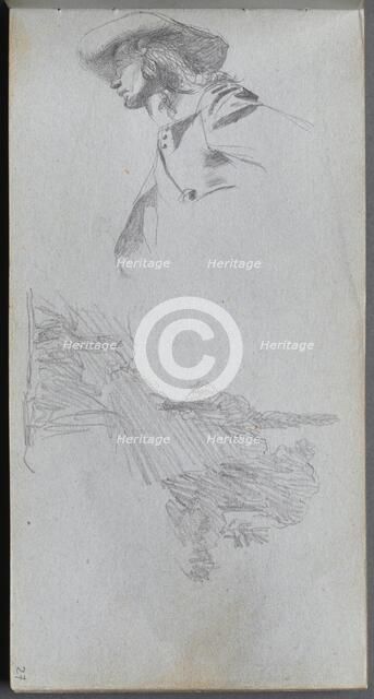 Sketchbook, page 27: Detail Study for " On a Terrace" and Landscape Study. Creator: Ernest Meissonier (French, 1815-1891).