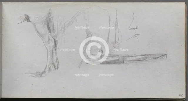 Sketchbook, page 43: Studies: Horse's leg, Figure in a Boat, and Profile. Creator: Ernest Meissonier (French, 1815-1891).